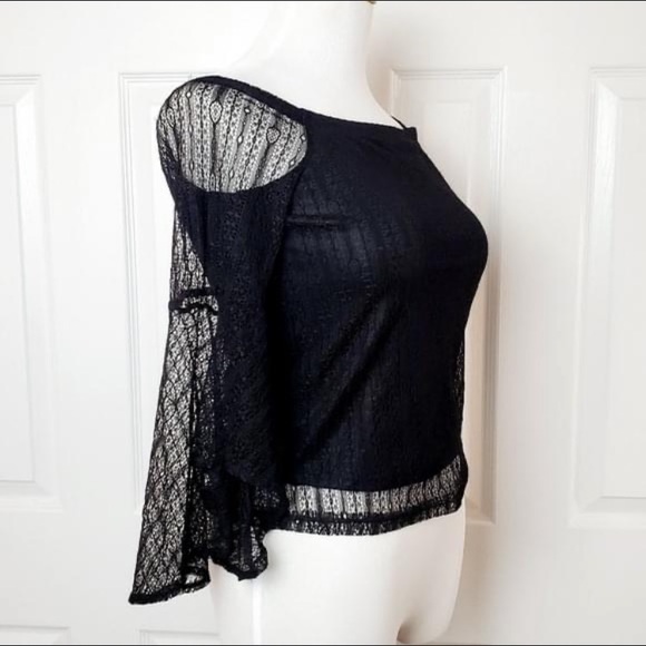 Bar III Black Long Sleeve Sexy Lace Blouse Flowy Sleeves Nylon Spandex XS - Picture 2 of 10